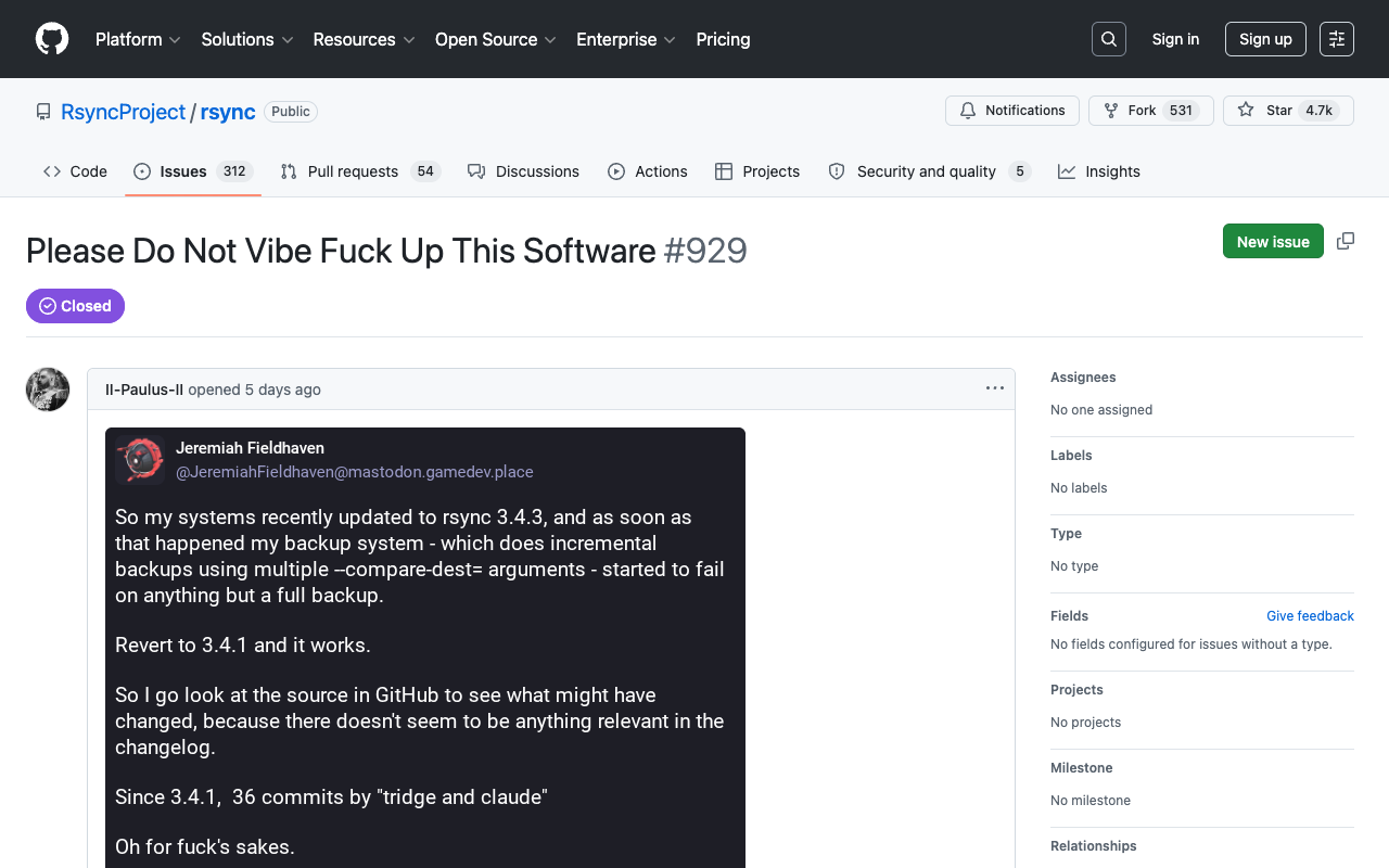 rsync GitHub issue showing bug report